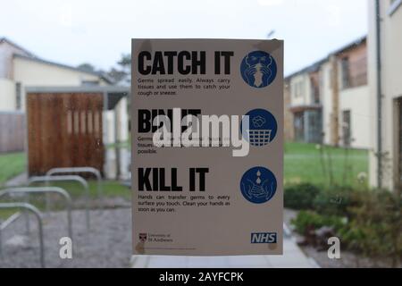 ST ANDREWS, SCHOTTLAND - 15/2/2020 - Gesundheitsinformationen in den Hallen der University of St. Andrews aufgrund des kürzlichen Romans Coronavirus Outbreak Stockfoto