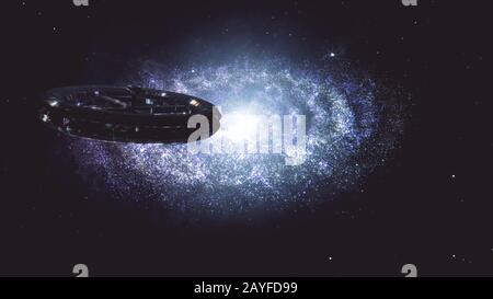 Alien Raumschiff Flying in Amazing Planetary Nebula Galaxy 3D Illustration Stockfoto