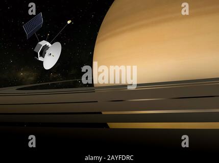 Planet Saturn, Ringe und andere Monde. Satellitenerkundet den Planeten. 3D-Abbildung. Stockfoto