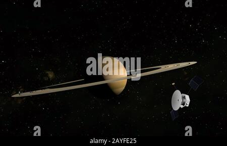 Planet Saturn, Ringe und andere Monde. Satellitenerkundet den Planeten. 3D-Abbildung. Stockfoto