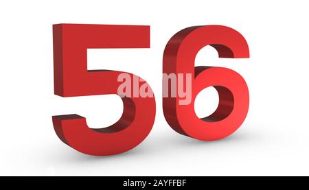 3D Glänzend Rot Nummer 5fty Six 56 Isoliert auf weißem Hintergrund. Stockfoto