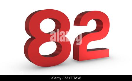 3D Glänzend Rot Nummer 82 Isoliert auf weißem Hintergrund. Stockfoto