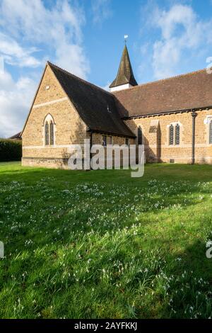 ST James Pfarrkirche in Elstead Village, Surrey, Großbritannien, mit Schneefällen im Februar Stockfoto