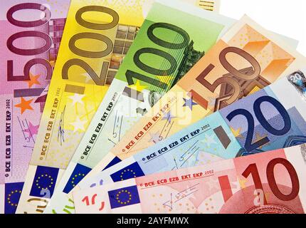 Eurobanknoten, 10.20.50.100.200, 500, Euro, 10er, 20er, 50er, 100er, 200er, 500er, Geldschein, Stockfoto