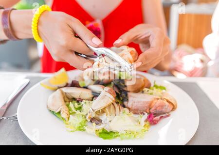 Frau, die Krabbenkralle mit einem speziellen Zangenwerkzeug isst, um köstliches weißes Fleisch zu erreichen. Spanisches konzept der meeresfrüchteküche Stockfoto