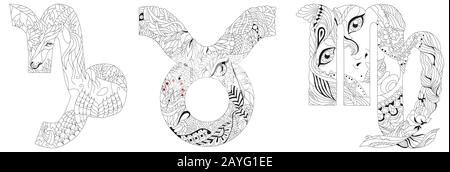 Das Element der Erde ist das Tierkreiszeichen Steinbock, Jungfrau und Stier. Vektorobjekt Zentangle zum Färben Stock Vektor