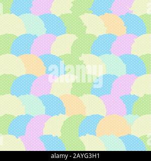 Abstraktes Geometrisches Muster mit Kreissegmenten und Polka Dots Schmuck aus Pastell Baby-Farben, Stoff oder Wickelpapier Drucken Rosa Blau Grün Orange A Stockfoto