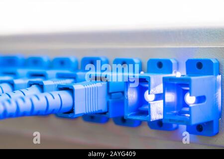 Mehrere leere Ports mit einem leistungsstarken Signal auf dem Rahmen für die optische Glasfaserverteilung. Konzept der Hochgeschwindigkeits-Internetverbindung Stockfoto