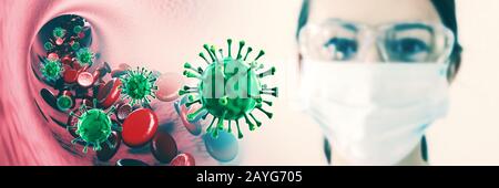 Coronavirus, Frau mit Grippemaske, rote Zellen im Blutstrom, 3D-Rendering Stockfoto