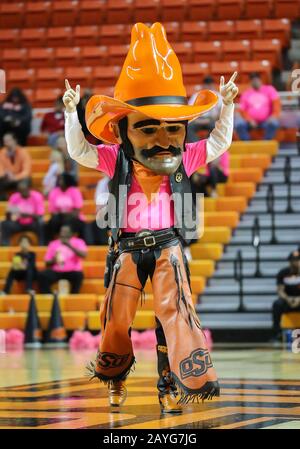 Stillwater, OK, USA. Februar 2020. Oklahoma State Cowboys Maskottchen Pistol Pete während eines Basketballspiels zwischen den West Virginia Mountaineers und Oklahoma State Cowgirls in der Gallagher-Iba Arena in Stillwater, OK. Graues Siegel/CSM/Alamy Live News Stockfoto