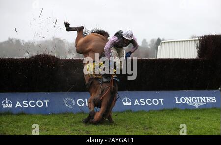 Traffic Fluide, von Joshua Moore geritten, ist ein faller im Betfair Ascot Steeple Chase während Des Betfair Ascot Chase Raceday auf der Ascot Racecourse. Stockfoto