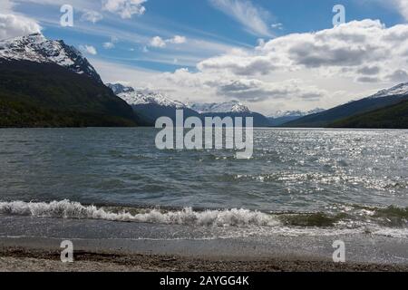 Acigami Lake (oder Lake Roca) im Tierra del Fuego National Park in der Nähe von Ushuaia in Argentinien. Stockfoto