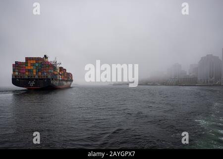 Yang Mings Containerschiff YM Essence verlässt im Nebel den Hafen von Halifax, Nova Scotia, Kanada. Stockfoto