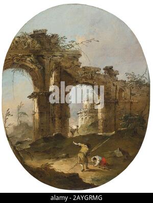 Francesco Lazzaro Guardi (1712 - 173) Ein architektonisches Capriccio mit Figuren eines zerstörten Bogens. Stockfoto