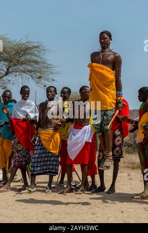 Eine Gruppe junger Samburu-Männer, die in traditioneller Kleidung gekleidet sind und einen traditionellen Springtanz in einem Dorf in Samburu in der Nähe des Samburu National Reserve ausführen Stockfoto