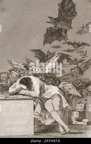 Francisco José de Goya y Lucientes - Der Schlaf der Vernunft bringt Monster hervor (Nr. 43), von Los Caprichos Stockfoto