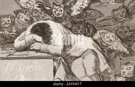 Francisco José de Goya y Lucientes - Der Schlaf der Vernunft bringt Monster hervor (Nr. 43), von Los Caprichos Stockfoto
