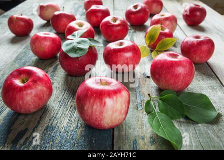 Auf dem alten Holztisch liegen viele rote Äpfel mit grünen Blättern Stockfoto