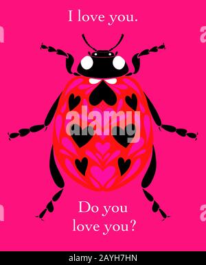 Ich liebe dich. Lieben Sie Sie? Grafikplakat mit einem Ladybug. Stockfoto