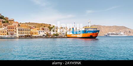 29. Mai 2019, Symi Island, Griechenland: Griechisches Passagierschiff der Seefähre von Dodekanisos Seaways Stockfoto