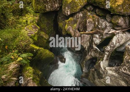 Schlaglöcher, die in Felsen am Cleddau River am Chasm, Fiordland National Park, in der Nähe von Milford Sound, Southland Region, South Island, Neuseeland gemahlen werden Stockfoto