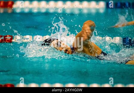 Amy Van Dyken (USA) tritt 1996 bei den USA Olympic Schwimmen Team Trials an Stockfoto