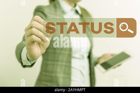 Das Textzeichen zeigt den Status an. Geschäftliche Fototextsituation zu einem bestimmten Zeitpunkt während einer Position bei Process Professional Stockfoto
