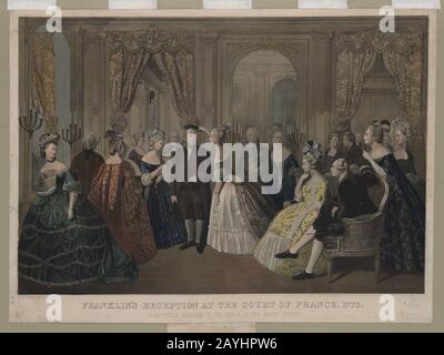 Franklins Empfang am französischen Hof, im Jahre 278. Respektvoll dem Volk der Vereinigten Staaten gewidmet - Hohenstein. Stockfoto
