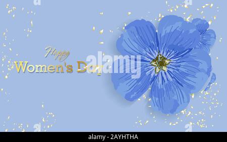 Frauentag. Frühlingsurlaub. Grußkarte oder horizontales Banner in blauer Farbe. Zarte Frühlingsblume. Goldene Aufschrift und Konfetti. Glückliche Frauen Stock Vektor