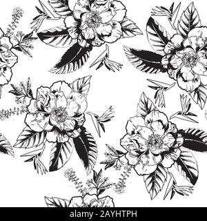 Schöne Blumen und Äste Hand zeichnen Illustration nahtloses Muster Stockfoto