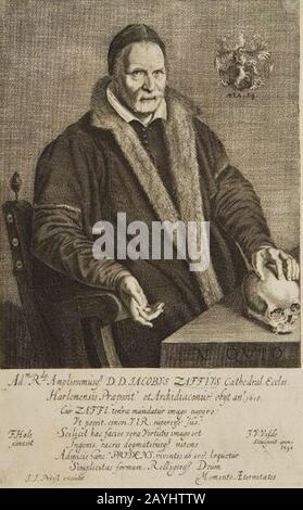 Frans Hals und Jan van de Velde - Porträt von Jacobus Zaffius an einem Tisch mit Schädel sitzend. Stockfoto