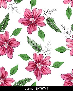 Schöne Blumen und Äste Hand zeichnen Illustration nahtloses Muster Stockfoto