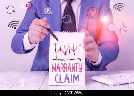 Schriftliche Notiz mit Garantieantrag. Geschäftskonzept für Das Recht eines Kunden auf Ersatz oder Reparatur oder Entschädigung Stockfoto