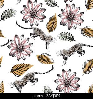 Leopard- und tropisches Blumendesign in Dschungel-Wildnis nahtloses Muster Stockfoto