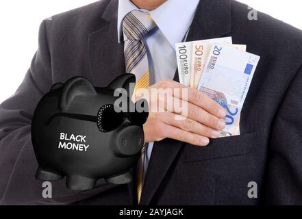 Schwarze Schweinebank mit Sonnenbrille und Schriftzug Black Money, Mann verspotteten Geld, komponieren Stockfoto