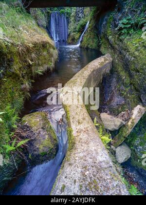 Wasserkanal auf dem Lewada-Spaziergang im sonnigen Ribeiro Frio, Madeira, Portugal, Europäische Union Stockfoto