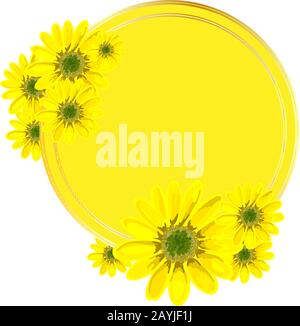 Vektor runder Hintergrund für eine Beschriftung. Gelbes Muster mit Blumen. Design für Werbung oder Werbeaktionen, Verkauf. Frühlingsblumen. Vektor Stock Vektor