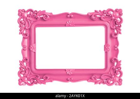 Moderner Kunststoffrahmen in hellrosa Farben mit antiker Optik, isoliert auf weißem Hintergrund. Stockfoto