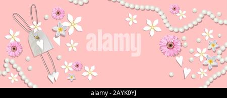 Federfeder Hintergrund. Dekorative Elemente auf einem rosafarbenen Hintergrund. Oster-Banner. Platz für Text. Vektorgrafiken. Stock Vektor