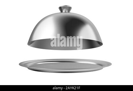 Restaurantkloche aus Edelstahl isoliert auf weiß. Abdeckhaube mit Platte. 3D-Abbildung. Stockfoto