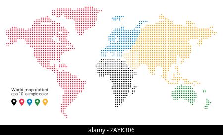 Dots Muster vektorkarte der Welt. Stilisierte Silhouette der Welt. Kontinente sind in verschiedenen Farben hervorgehoben Stock Vektor