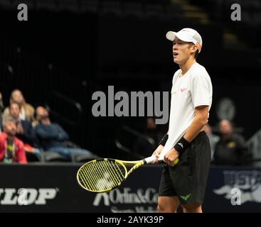 Hempstead, USA. Februar 2020. Jason jung von Taipeh reagiert während des Halbfinalspiels gegen Andreas Seppi aus Italien beim Tennisturnier ATP 250 New York Open 2020 im Nassauischen Kolosseum, Seppi gewann Match (Foto von Lev Radin/Pacific Press) Credit: Pacific Press Agency/Alamy Live News Stockfoto