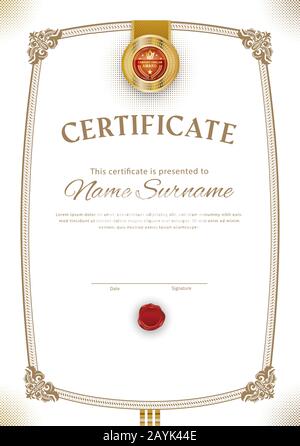 Offizielles weißes Zertifikat mit moderner Vintage-Grenze und Emblem. Modernes Business-Design. Goldenes Emblem Stock Vektor