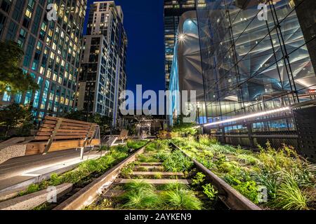 New YORK, USA - 13. OKTOBER: Nachtansicht ehemaliger Bahngleise im High Line Park, einem beliebten Touristenziel am 13. Oktober 2019 in New York Stockfoto