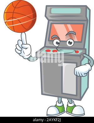 Eine starke Arcade-Spielautomat Cartoon-Figur mit einem Basketball Stock Vektor