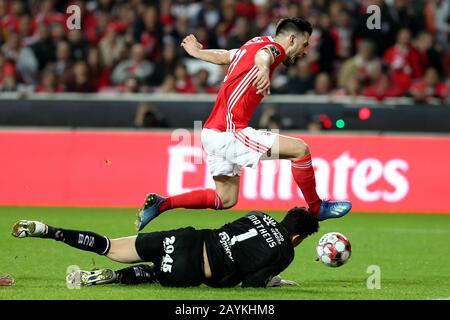 Lissabon, Portugal. Februar 2020. Pizzi von SL Benfica (TOP) spielt mit SC Bragas Torhüter Matheus Magalhaes während eines portugiesischen Primeira Liga-Fußballspiels zwischen SL Benfica und SC Braga im Luz-Stadion in Lissabon, Portugal am 15. Februar 2020. Kredit: Petro Fiuza/Xinhua/Alamy Live News Stockfoto