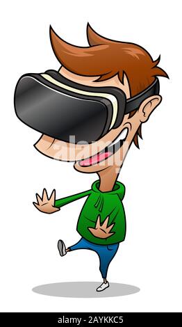 Der Junge, der eine virtuelle Reality-Brille trägt, hat Spaß und spielt vr-Spiel. Cartoon-Illustration isoliert auf weißem Hintergrund. Stock Vektor