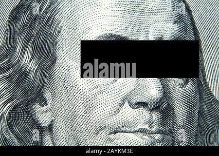 Nahaufnahme des Portraits von US-Präsident Benjamin Franklin mit geschlossenen Augen auf ein Hundert-Dollar-Gesetz. Globale Finanz- und Wirtschaftskrise, Markt r Stockfoto