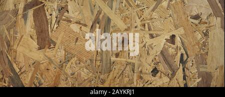 Nahpanorama einer OSB-Platinenorientierten Strangstrukturplatte Stockfoto