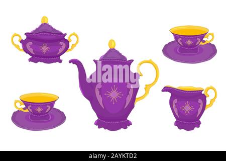 Kaffee- oder Tee-Geschirr isoliert auf weißem Hintergrund. Teekanne, Tassen, Milchkanne und Zuckerbecken. Kaffeezeit Service Kollektion. Vektorgrafiken. Stock Vektor